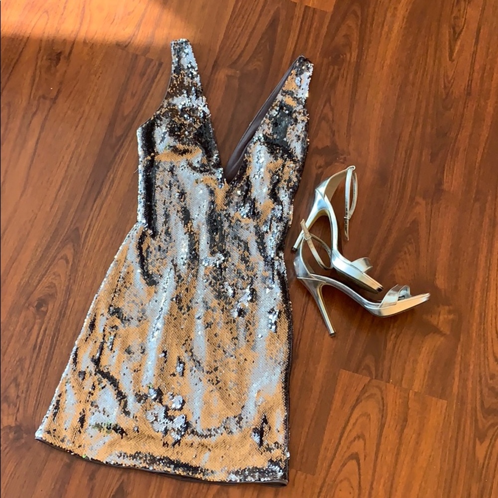 Bebe Silver Gray Sofia Double Deepv Sequined Dress - image 3